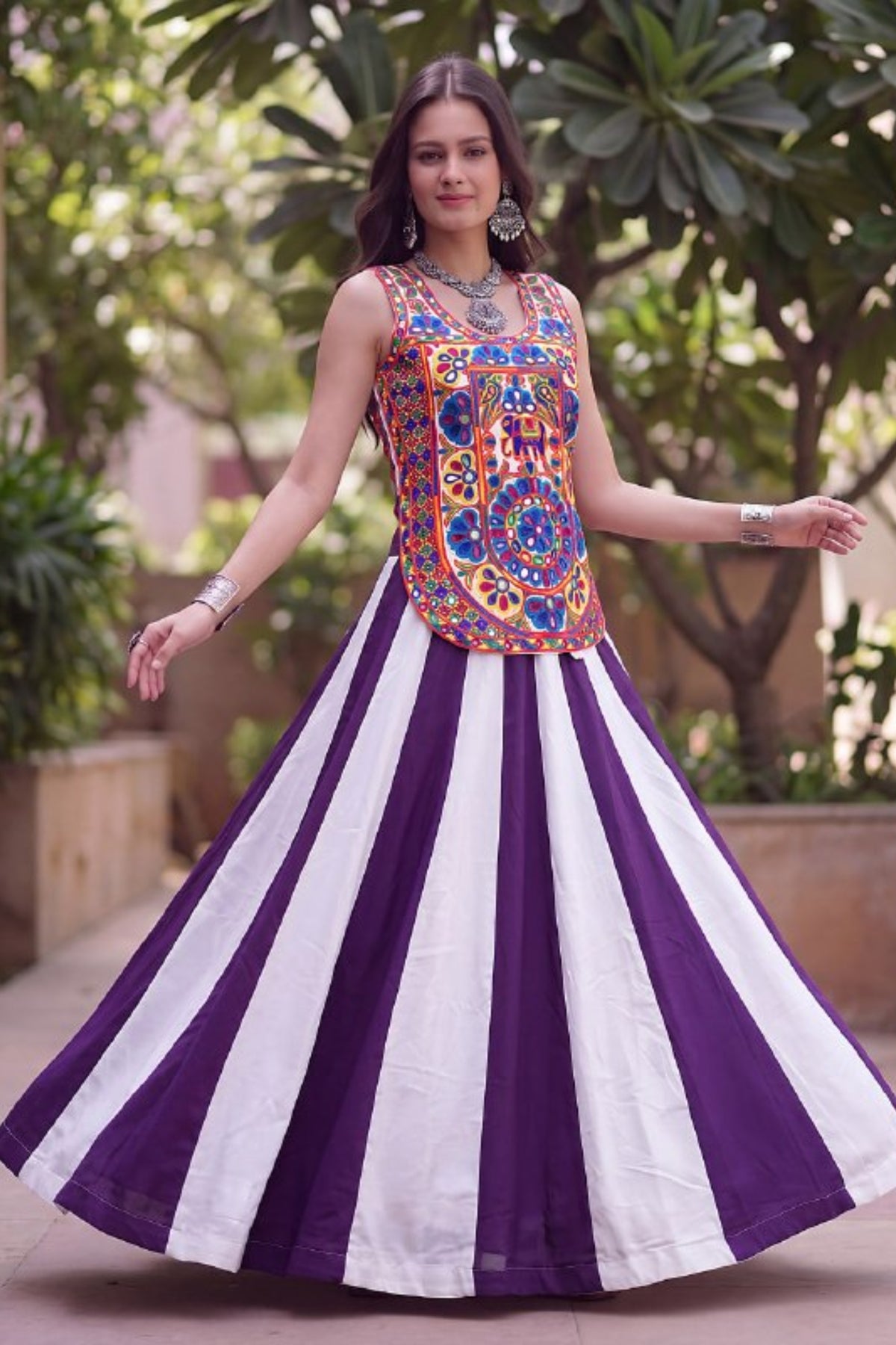 Elegant Purple and White Rayon Embroidered Indo Western Lehenga Choli for Navratri