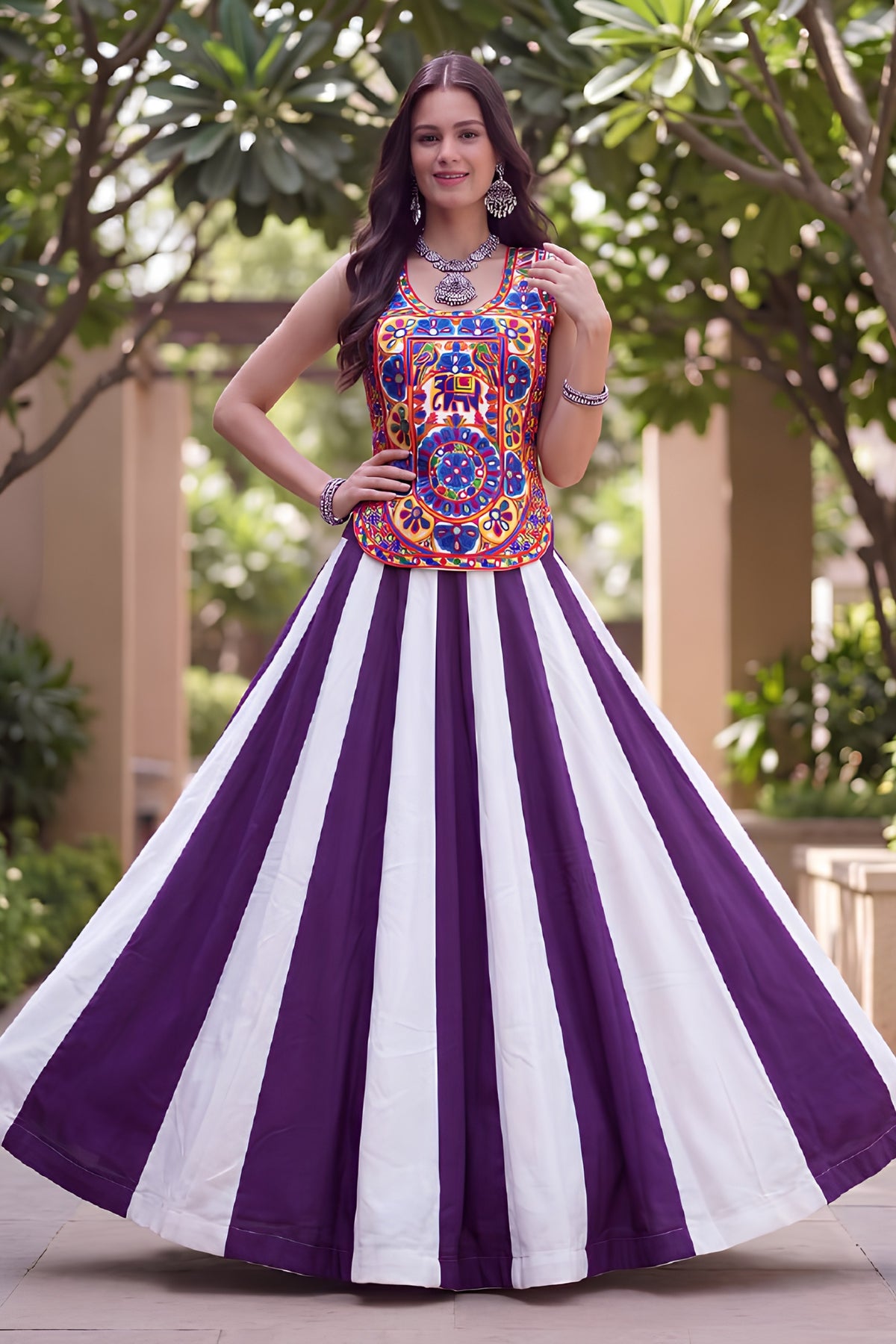 Elegant Purple and White Rayon Embroidered Indo Western Lehenga Choli for Navratri