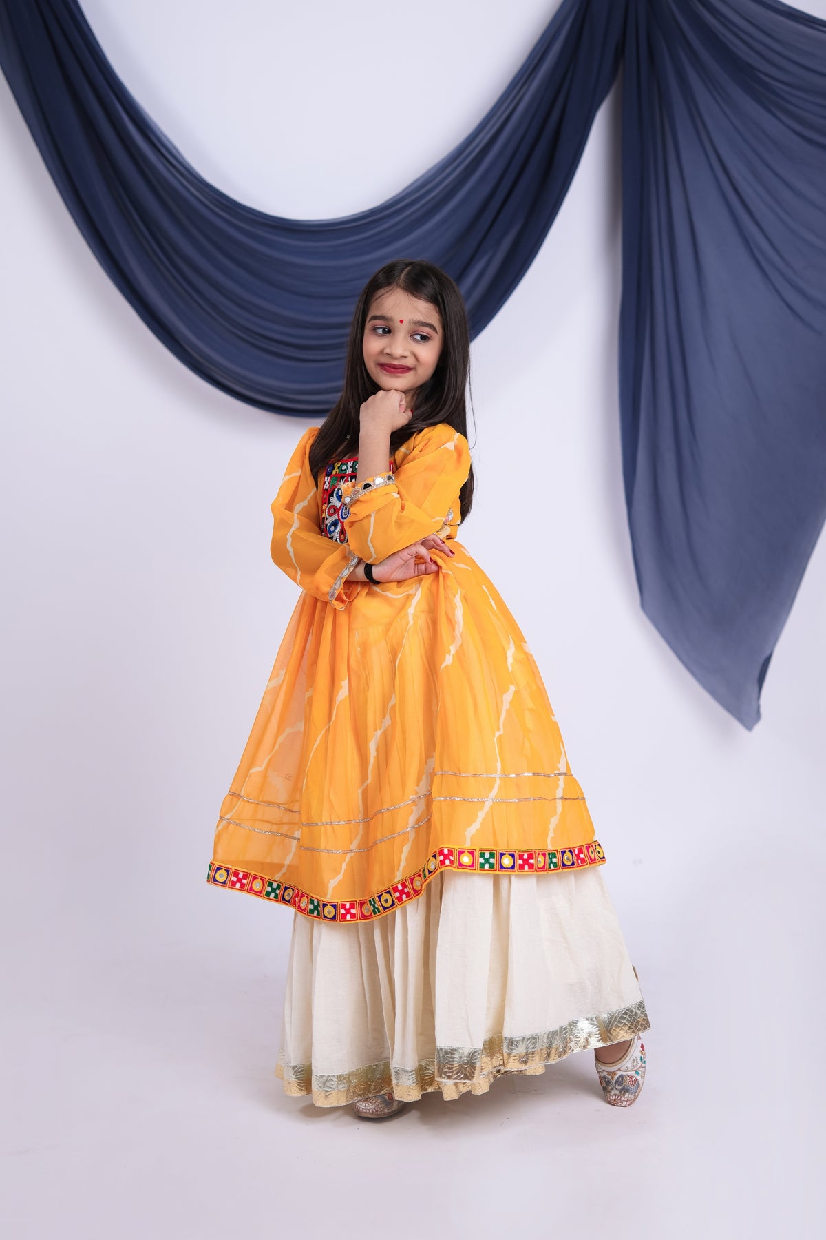 Stylish Yellow Cotton Bandhani Print Indo Western Lehenga Choli for Girls with Dupatta