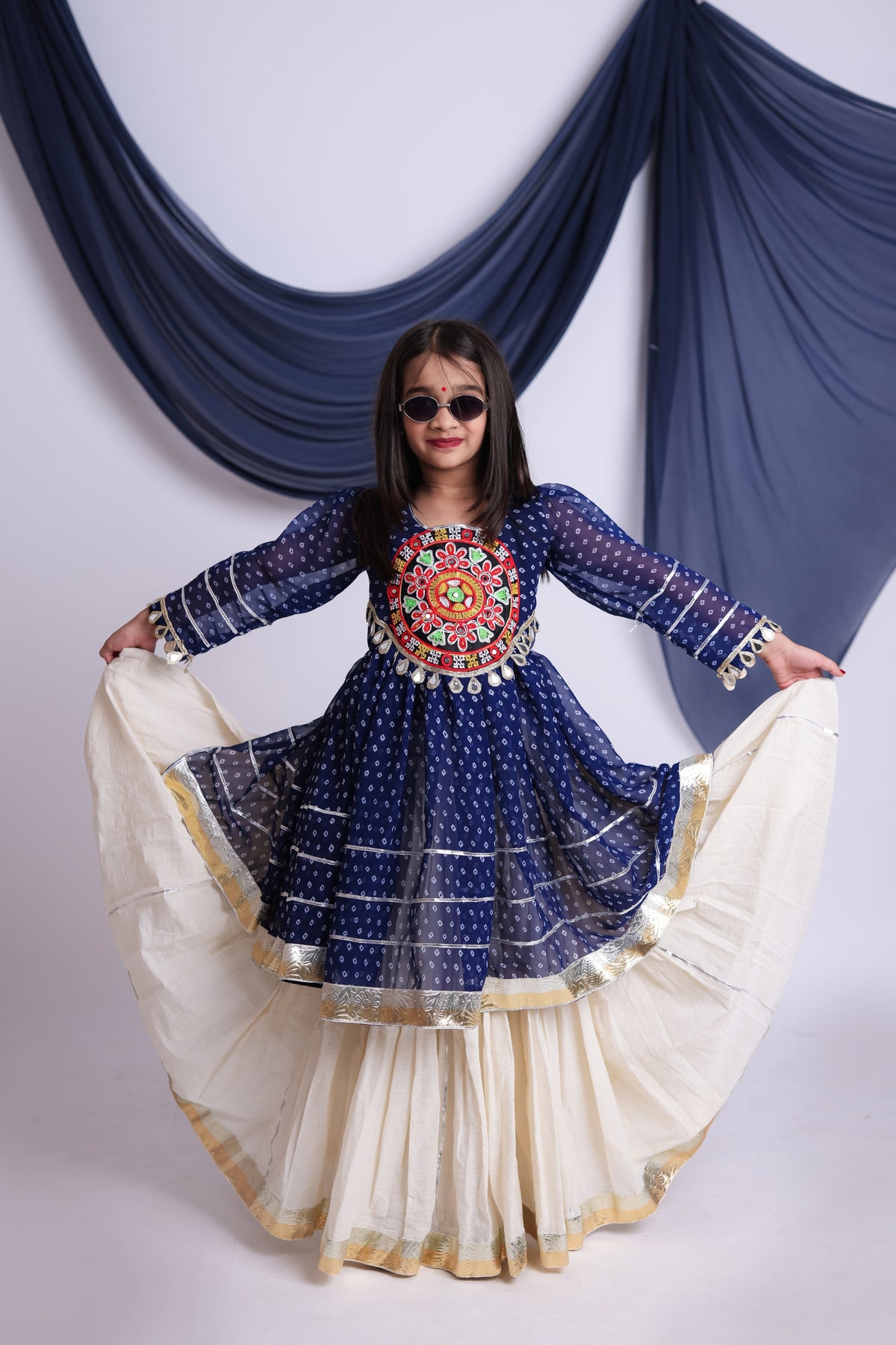 Cute Navy Blue Cotton Bandhani Print Indo Western Lehenga Choli for Girls with Dupatta