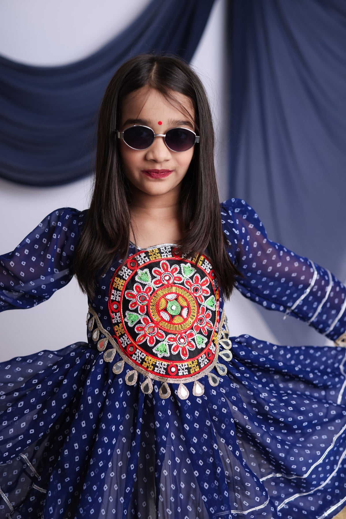 Cute Navy Blue Cotton Bandhani Print Indo Western Lehenga Choli for Girls with Dupatta