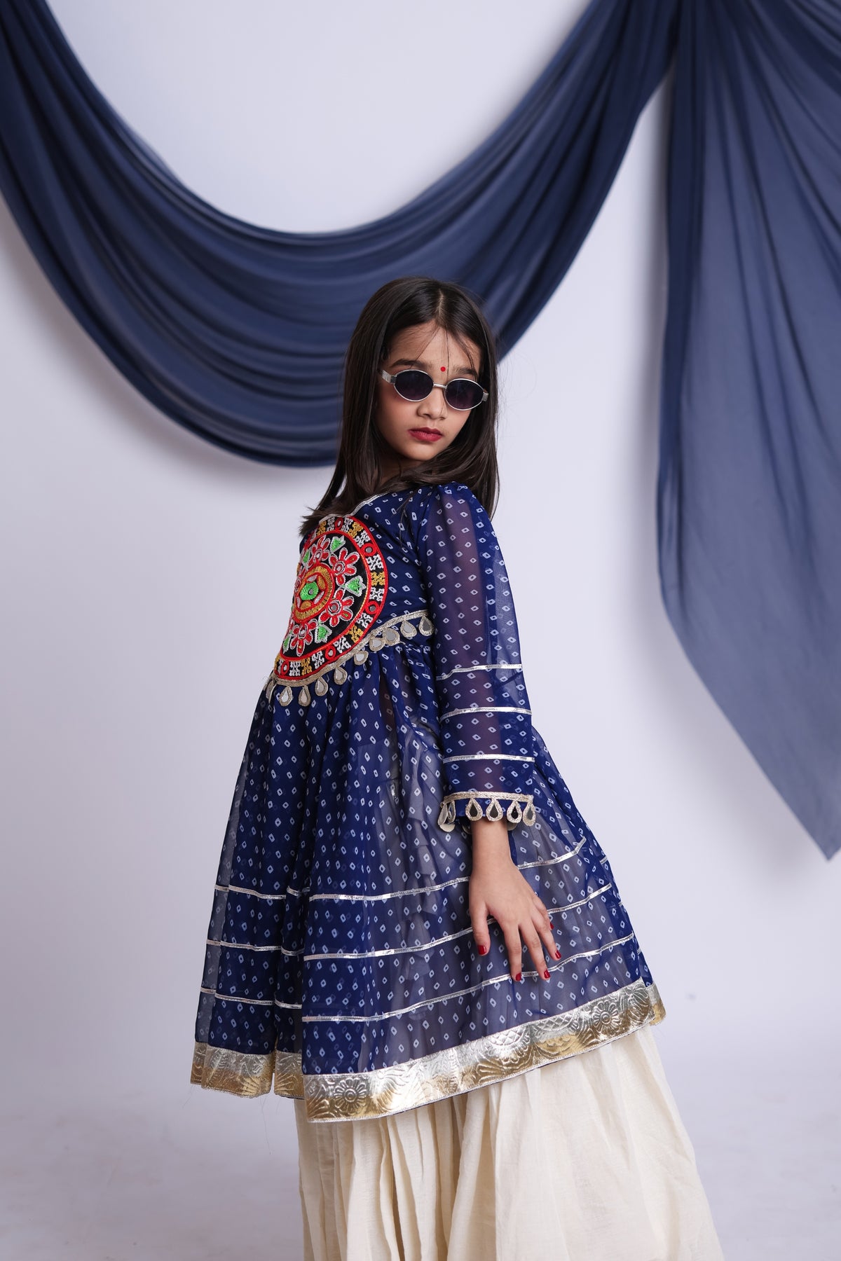 Cute Navy Blue Cotton Bandhani Print Indo Western Lehenga Choli for Girls with Dupatta