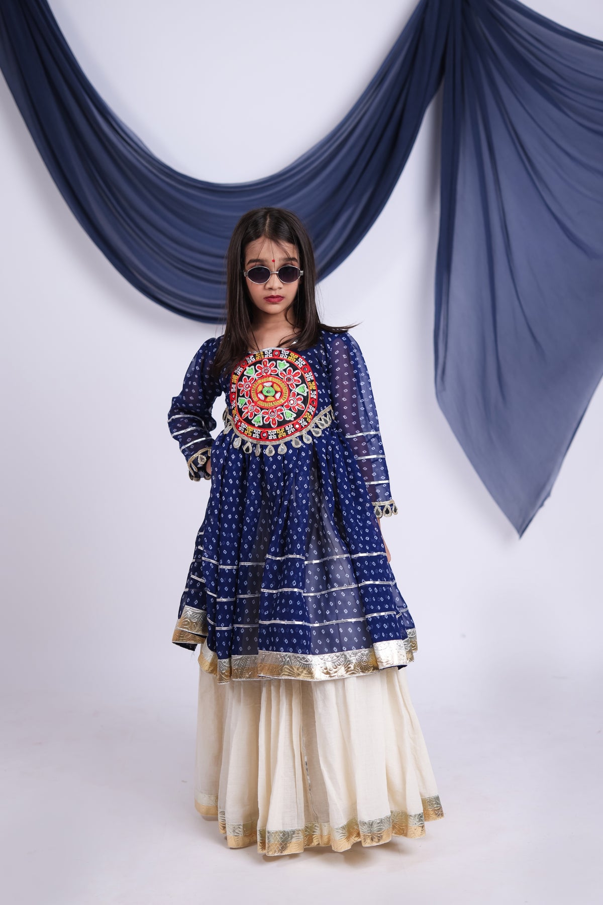 Cute Navy Blue Cotton Bandhani Print Indo Western Lehenga Choli for Girls with Dupatta