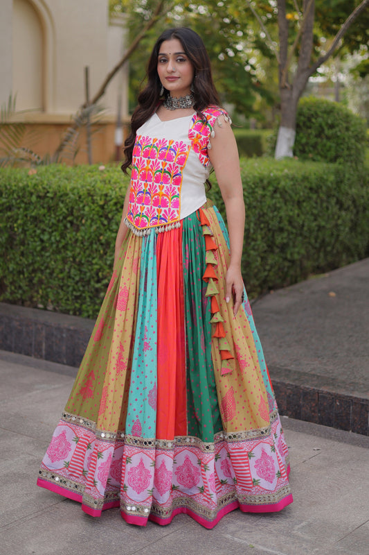 Wonderful Multicolor Cotton Embroidered Indo Western Designer Lehenga Choli for Women