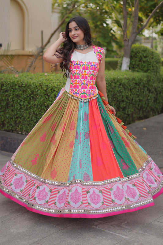 Wonderful Multicolor Cotton Embroidered Indo Western Designer Lehenga Choli for Women