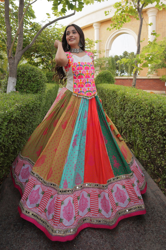 Wonderful Multicolor Cotton Embroidered Indo Western Designer Lehenga Choli for Women