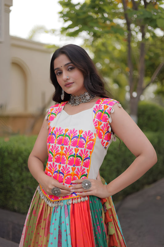 Wonderful Multicolor Cotton Embroidered Indo Western Designer Lehenga Choli for Women