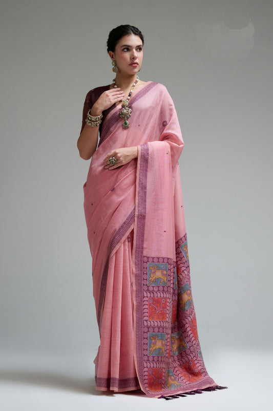 Beautiful Pink Jamdani Cotton Saree with Printed Work for Women
