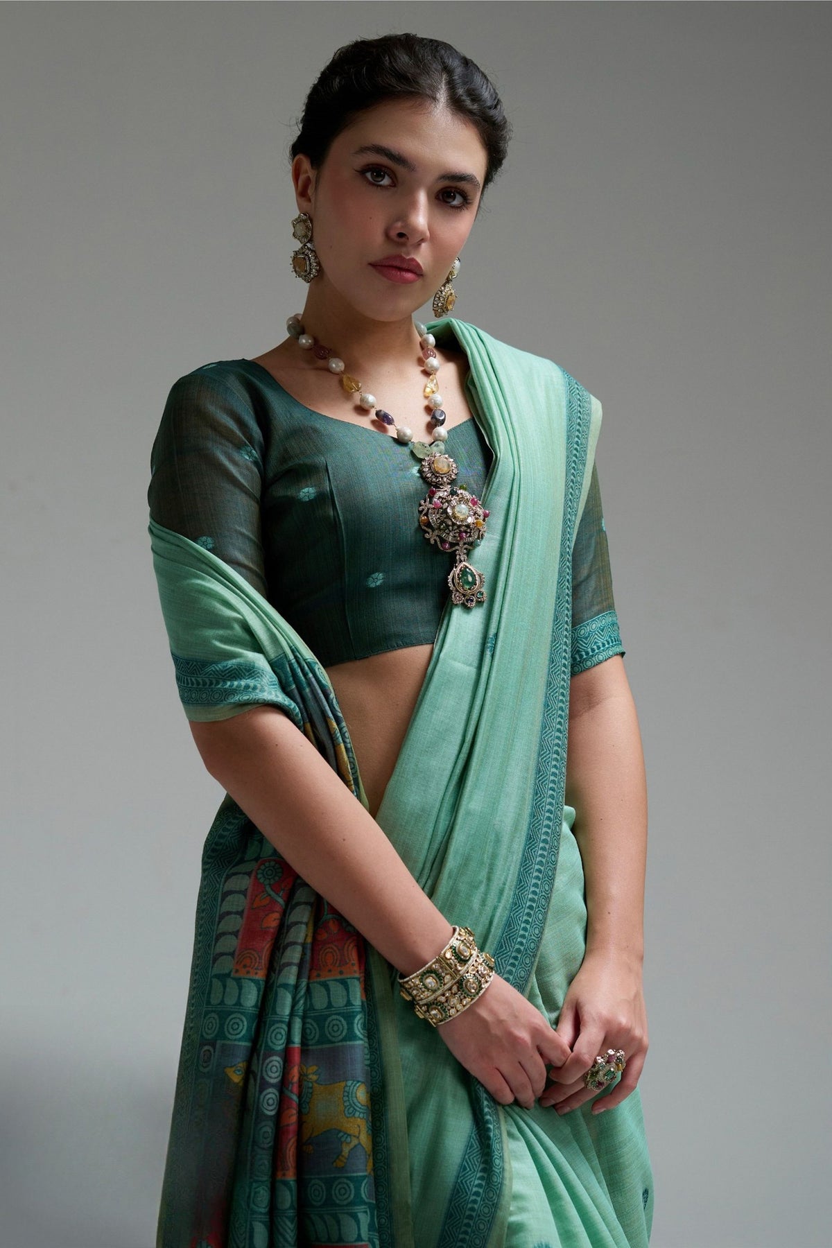 Refreshing Mint Green Soft Jamdani Cotton Saree Printed Work for Women