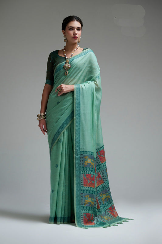 Refreshing Mint Green Soft Jamdani Cotton Saree Printed Work for Women