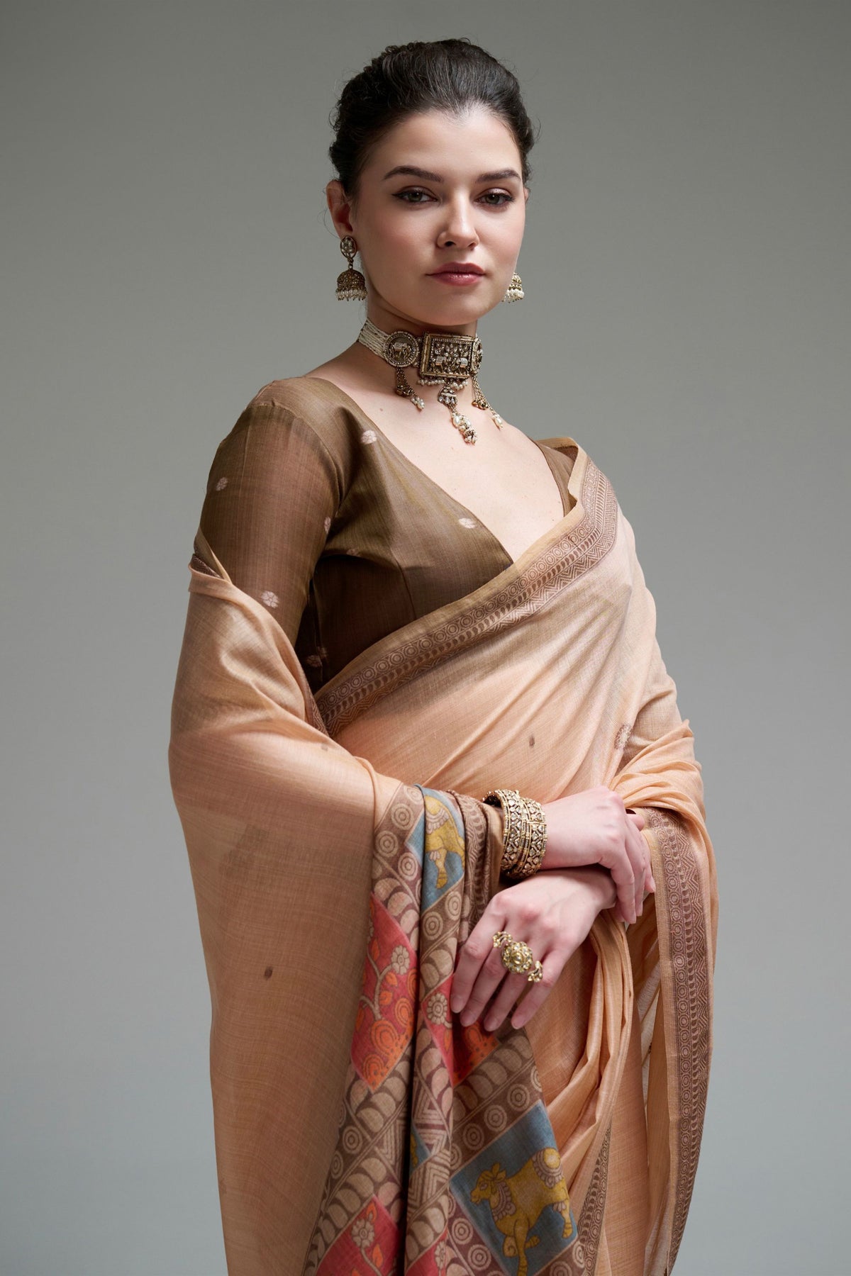 Stylish Peach Jamdani Cotton Saree Printed Work for Women
