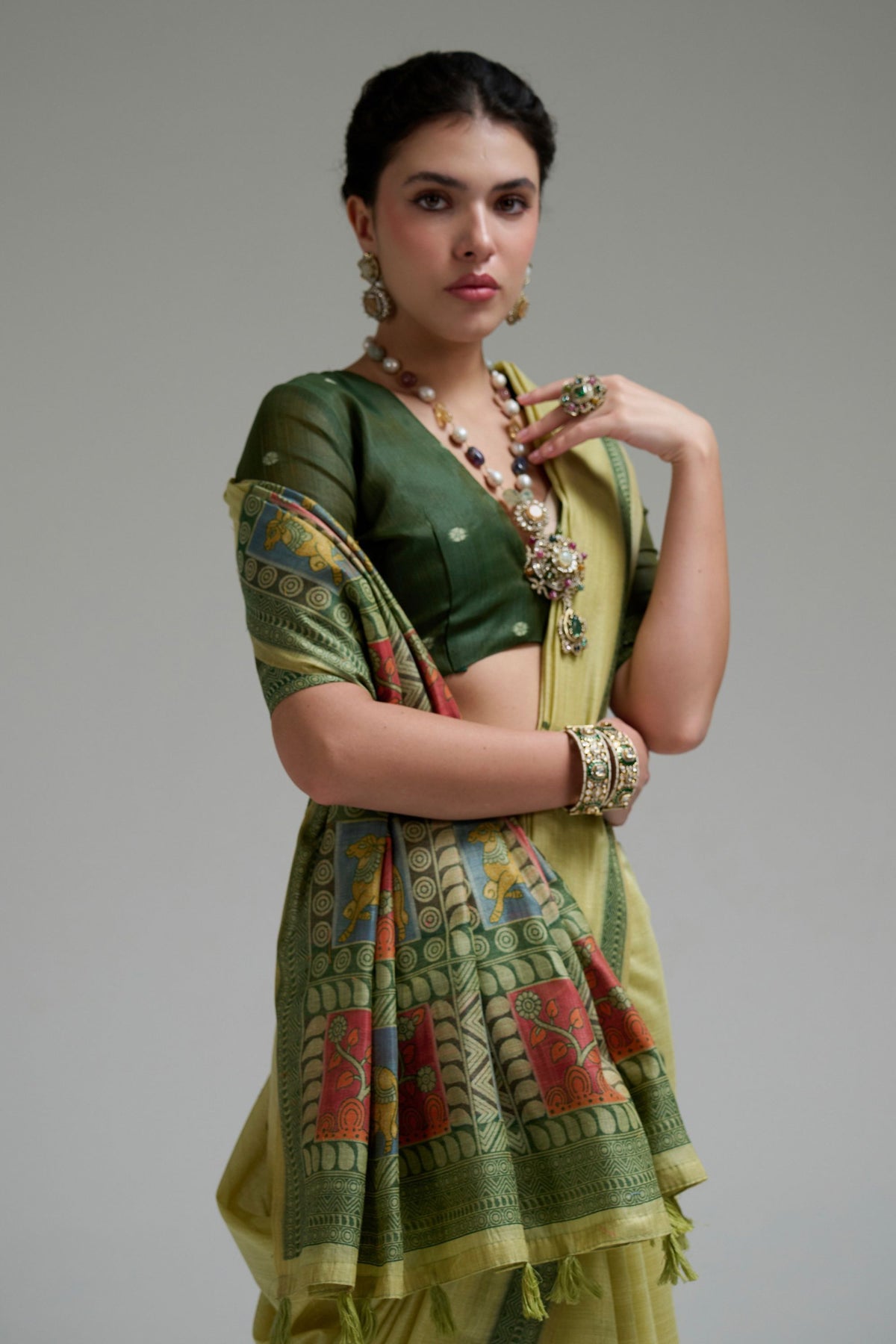 Graceful Lime Green Jamdani Cotton Saree Printed Work for Women