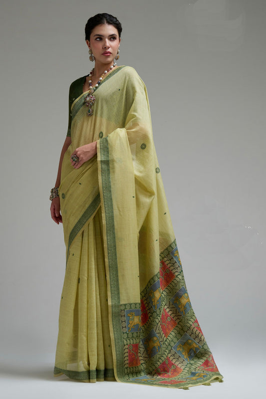 Graceful Lime Green Jamdani Cotton Saree Printed Work for Women