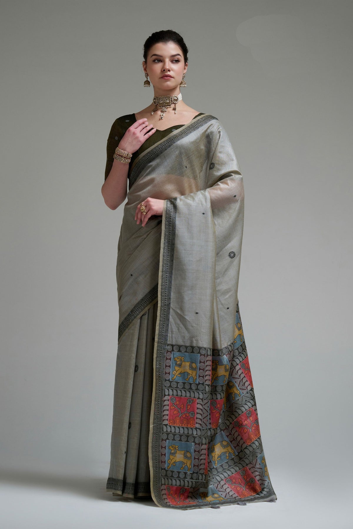 Luxury Grey Jamdani Cotton Saree with Traditional Printed Work for Women