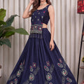 Stylish Navy Blue Vichitra Silk Embroidered Indo Western Navratri Lehenga Choli for Women