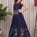 Stylish Navy Blue Vichitra Silk Embroidered Indo Western Navratri Lehenga Choli for Women