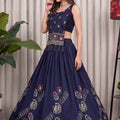 Stylish Navy Blue Vichitra Silk Embroidered Indo Western Navratri Lehenga Choli for Women