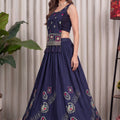 Stylish Navy Blue Vichitra Silk Embroidered Indo Western Navratri Lehenga Choli for Women