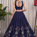 Stylish Navy Blue Vichitra Silk Embroidered Indo Western Navratri Lehenga Choli for Women
