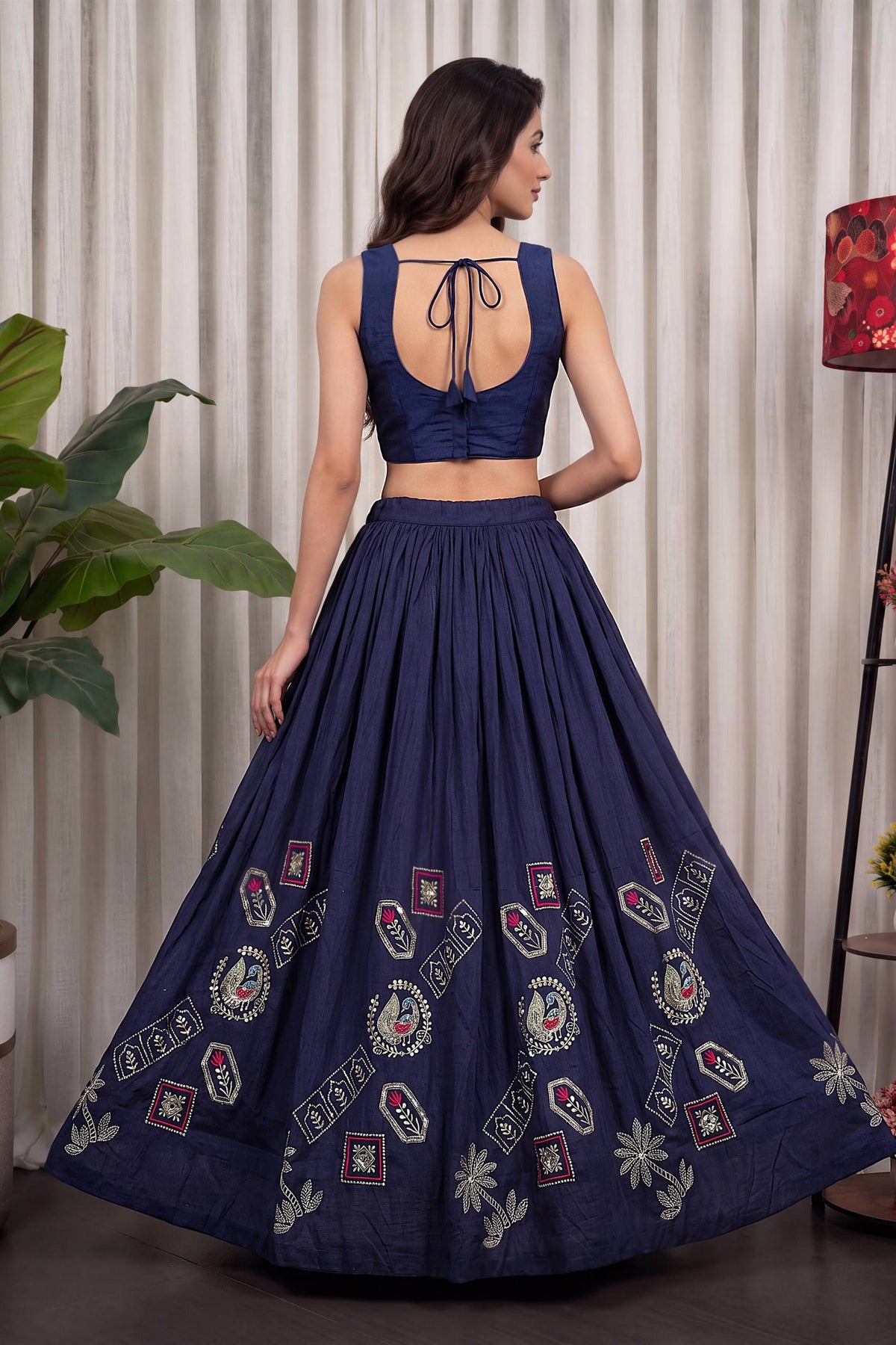 Stylish Navy Blue Vichitra Silk Embroidered Indo Western Navratri Lehenga Choli for Women