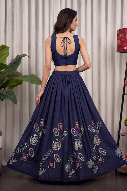 Stylish Navy Blue Vichitra Silk Embroidered Indo Western Navratri Lehenga Choli for Women