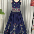 Stylish Navy Blue Vichitra Silk Embroidered Indo Western Navratri Lehenga Choli for Women