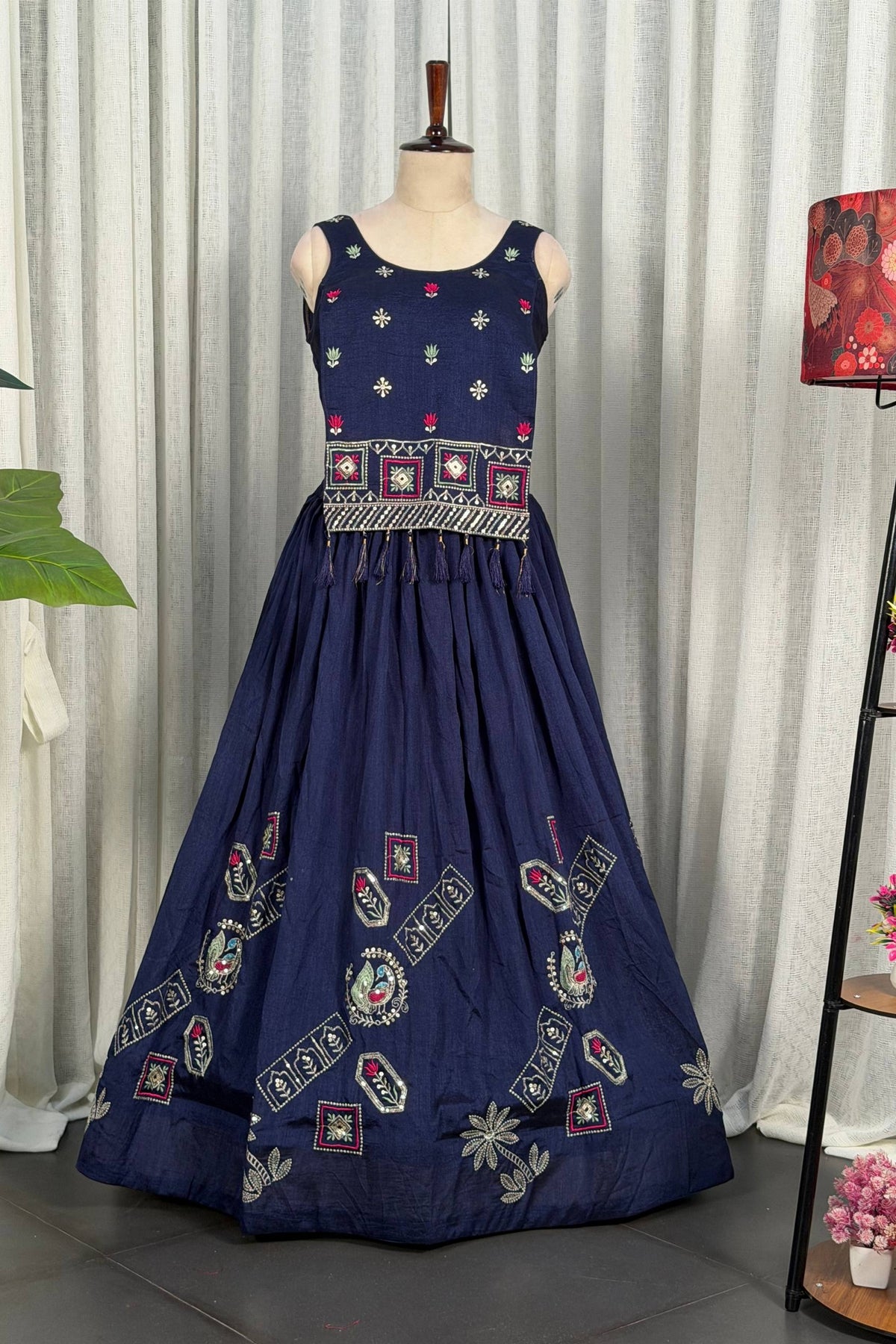 Stylish Navy Blue Vichitra Silk Embroidered Indo Western Navratri Lehenga Choli for Women