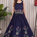 Stylish Navy Blue Vichitra Silk Embroidered Indo Western Navratri Lehenga Choli for Women