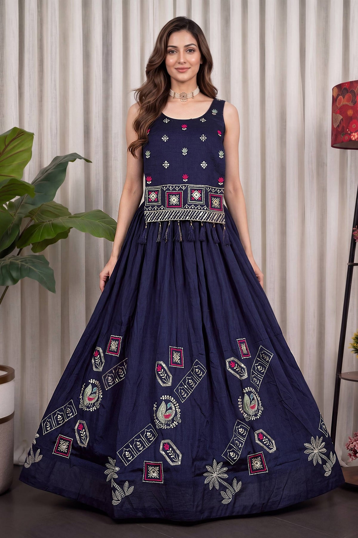 Stylish Navy Blue Vichitra Silk Embroidered Indo Western Navratri Lehenga Choli for Women