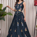 Elegant Dark Teal Green Vichitra Silk Embroidered Indo Western Navratri Lehenga Choli for Women