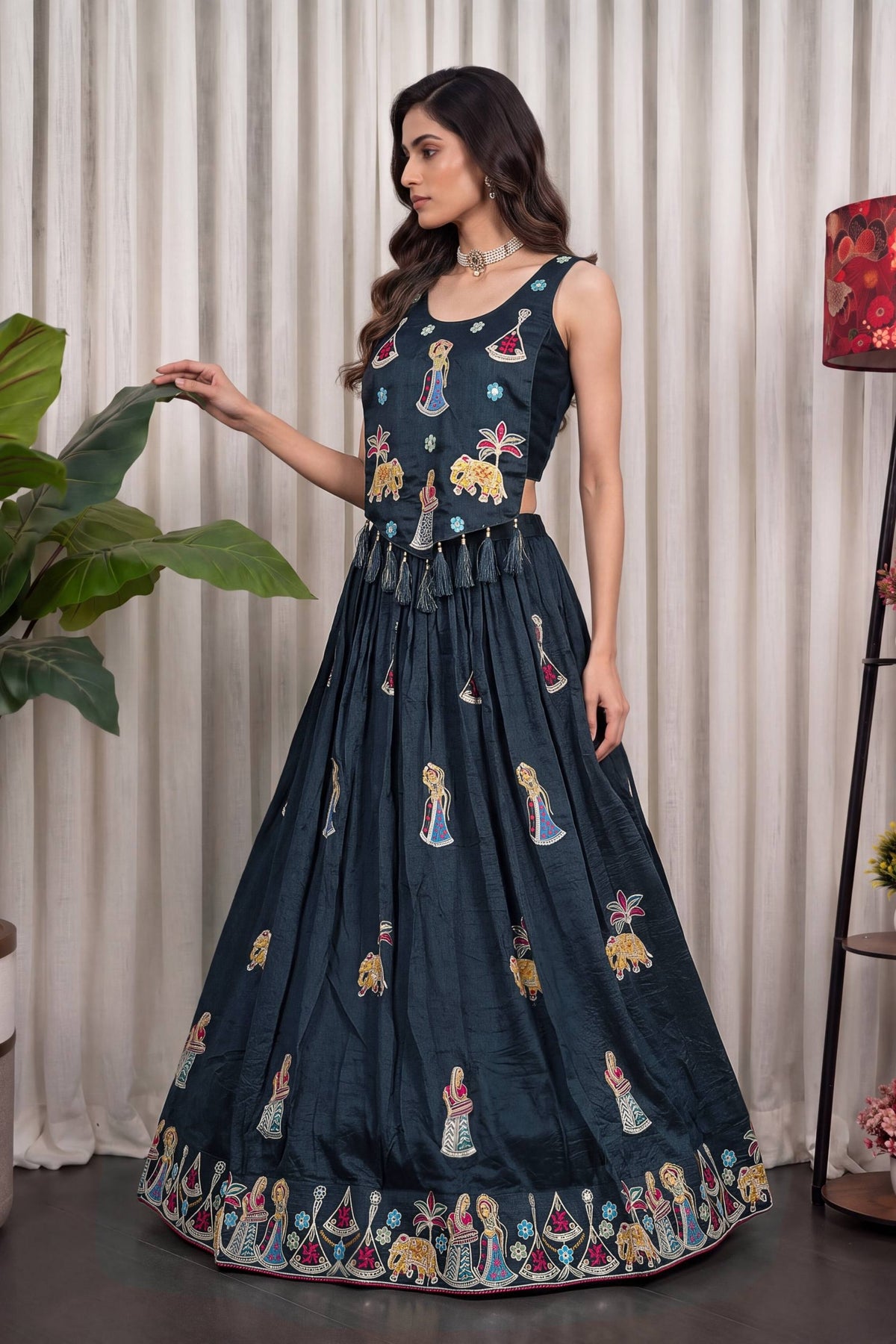 Elegant Dark Teal Green Vichitra Silk Embroidered Indo Western Navratri Lehenga Choli for Women