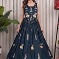 Elegant Dark Teal Green Vichitra Silk Embroidered Indo Western Navratri Lehenga Choli for Women