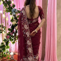 Elegant Wine Soft Tabby Silk Embroidery Cutwork Saree for Women