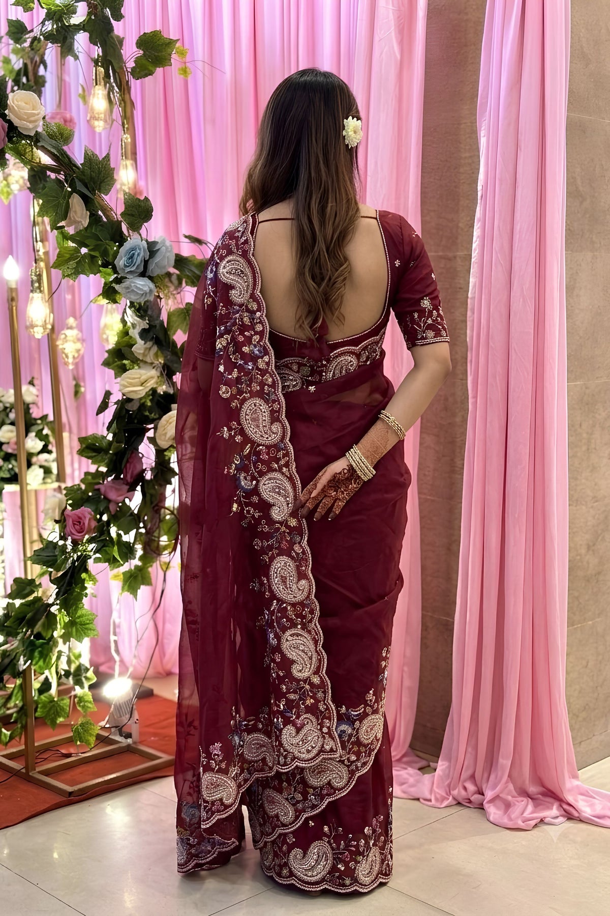 Elegant Wine Soft Tabby Silk Embroidery Cutwork Saree for Women