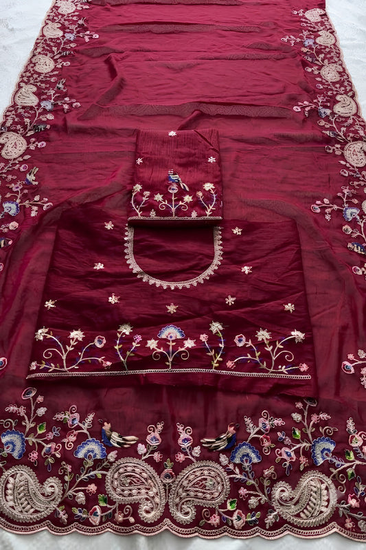 Elegant Wine Soft Tabby Silk Embroidery Cutwork Saree for Women