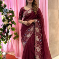 Elegant Wine Soft Tabby Silk Embroidery Cutwork Saree for Women