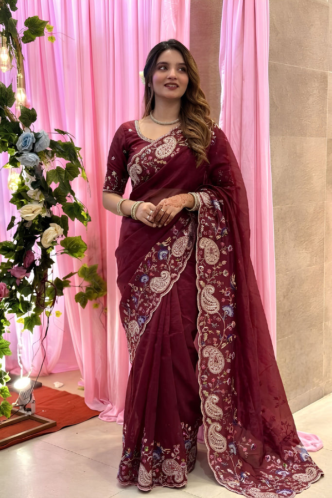 Elegant Wine Soft Tabby Silk Embroidery Cutwork Saree for Women