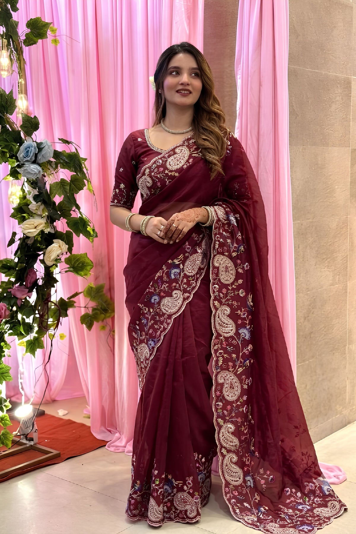 Elegant Wine Soft Tabby Silk Embroidery Cutwork Saree for Women