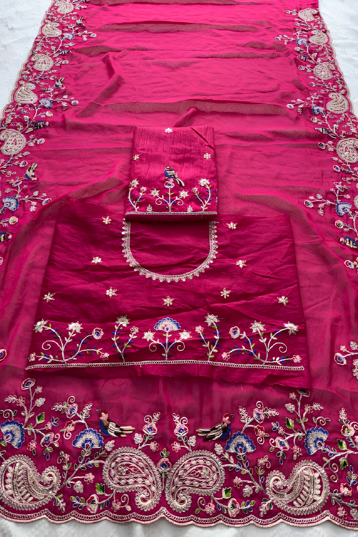 Elegant Rani Pink Soft Tabby Silk Embroidery Cutwork Saree for Women