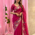 Elegant Rani Pink Soft Tabby Silk Embroidery Cutwork Saree for Women