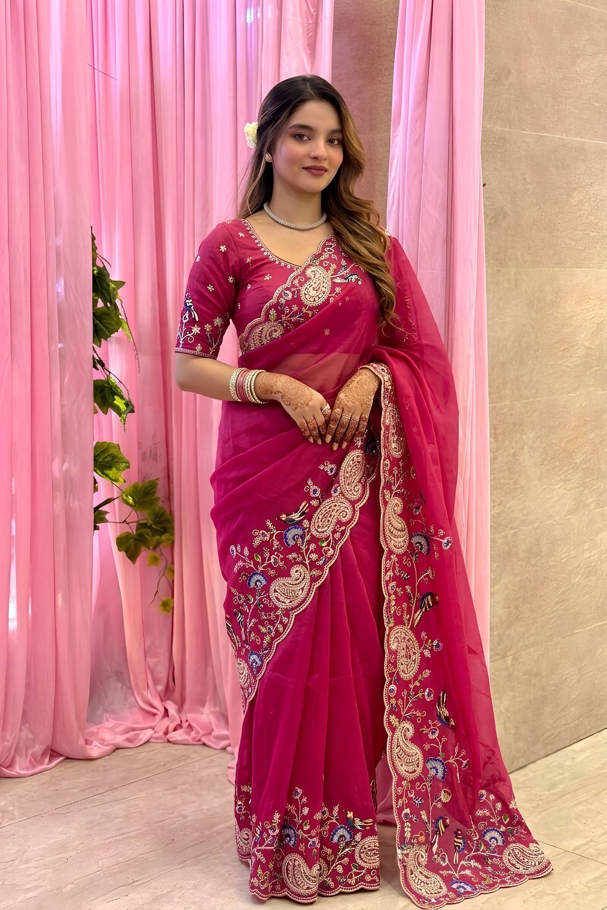 Elegant Rani Pink Soft Tabby Silk Embroidery Cutwork Saree for Women
