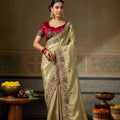 Lovely Beige Banarasi Silk Jacquard Embroidery Zari Threads Saree for Women