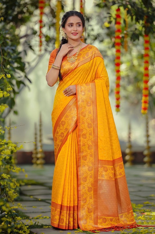 Vibrant Yellow Silk Jacquard Work Saree for Women