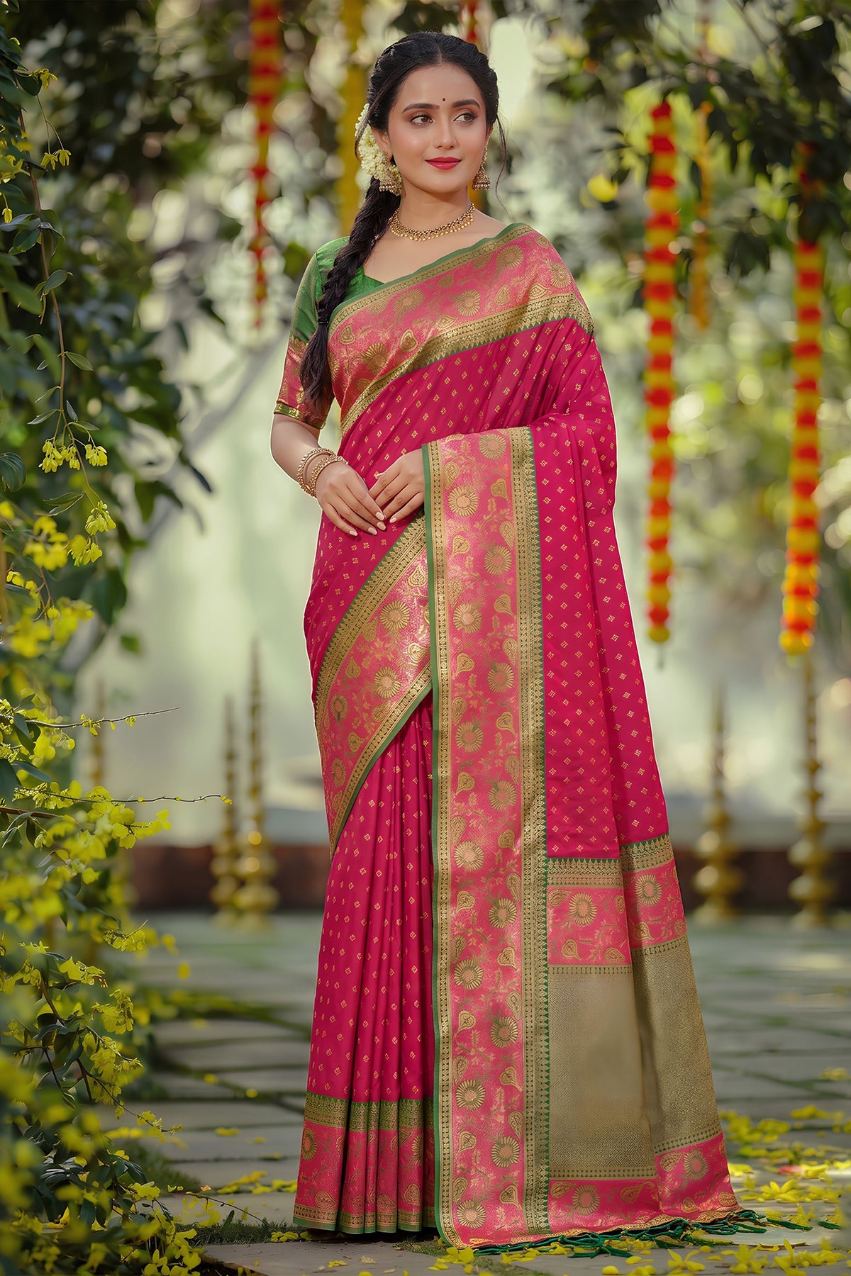 Beautiful Rani Pink Silk Jacquard Work Saree for Women