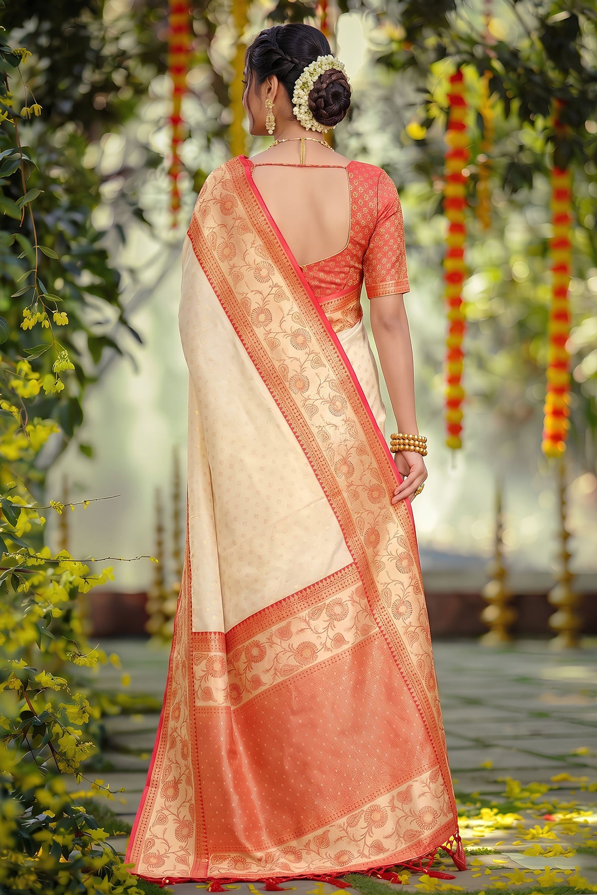 Stylish Cream Silk Jacquard Work Saree for Women