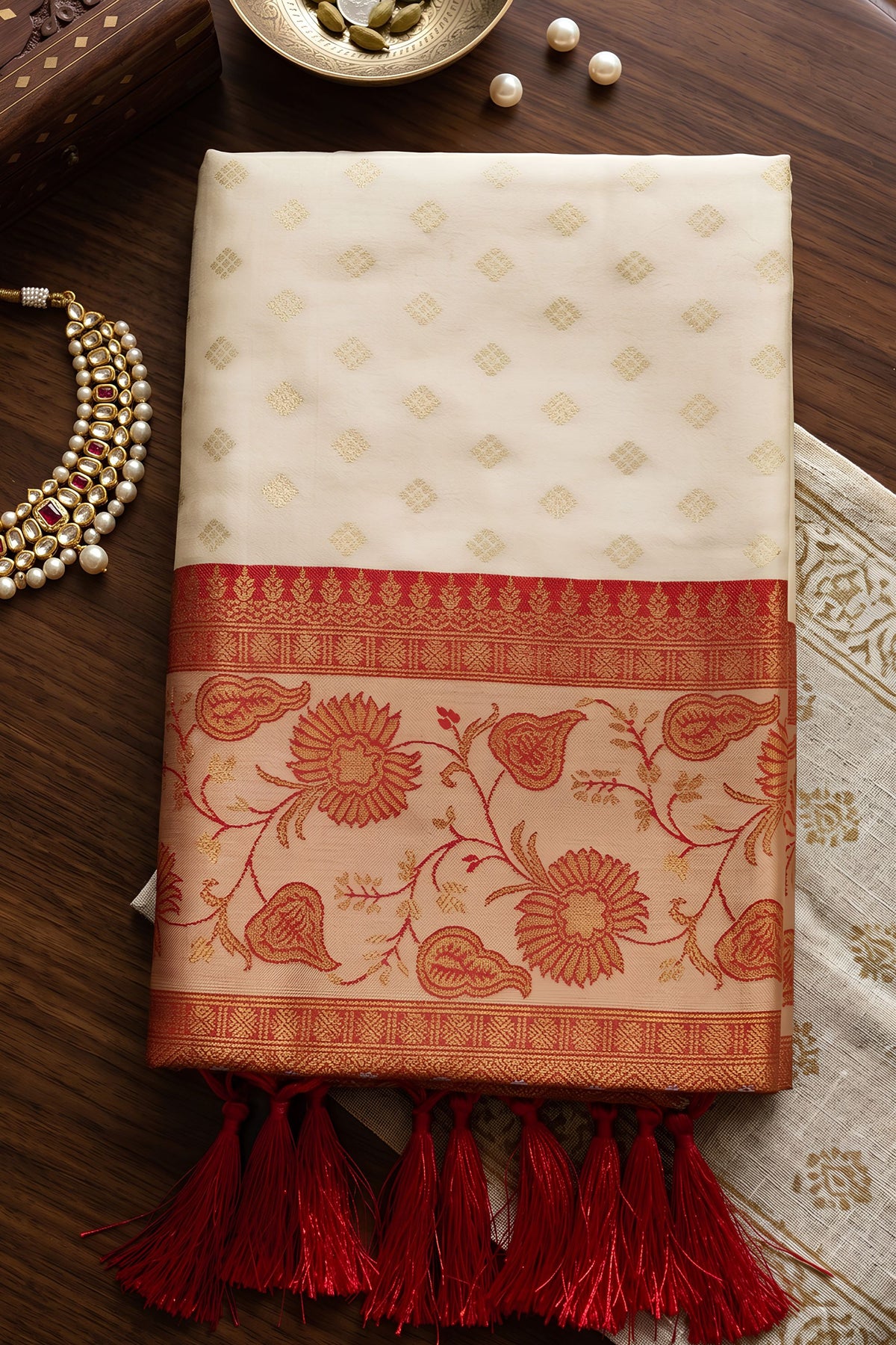 Stylish Cream Silk Jacquard Work Saree for Women