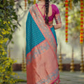 Royal Teal Blue Silk Jacquard Work Saree for Women