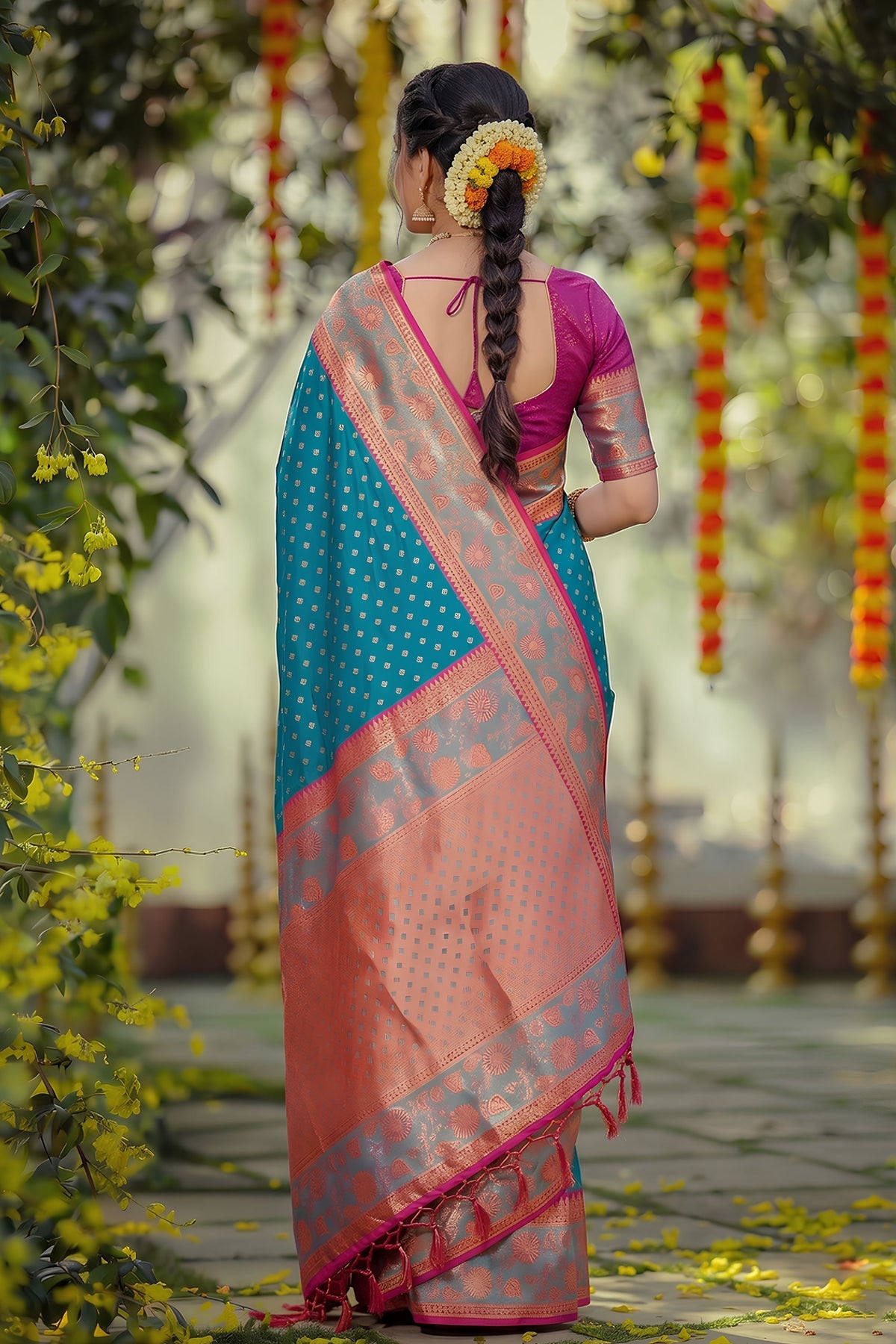 Royal Teal Blue Silk Jacquard Work Saree for Women
