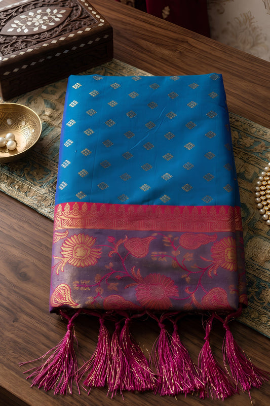 Royal Teal Blue Silk Jacquard Work Saree for Women
