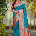 Royal Teal Blue Silk Jacquard Work Saree for Women